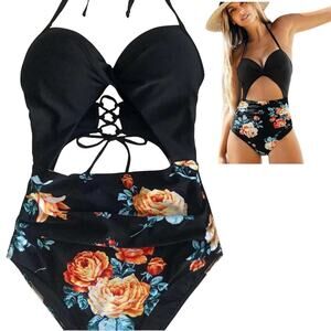 NEW Cupshe Black Floral SWIMSUIT Women's SM One Piece High Waist Swim Beach NWT